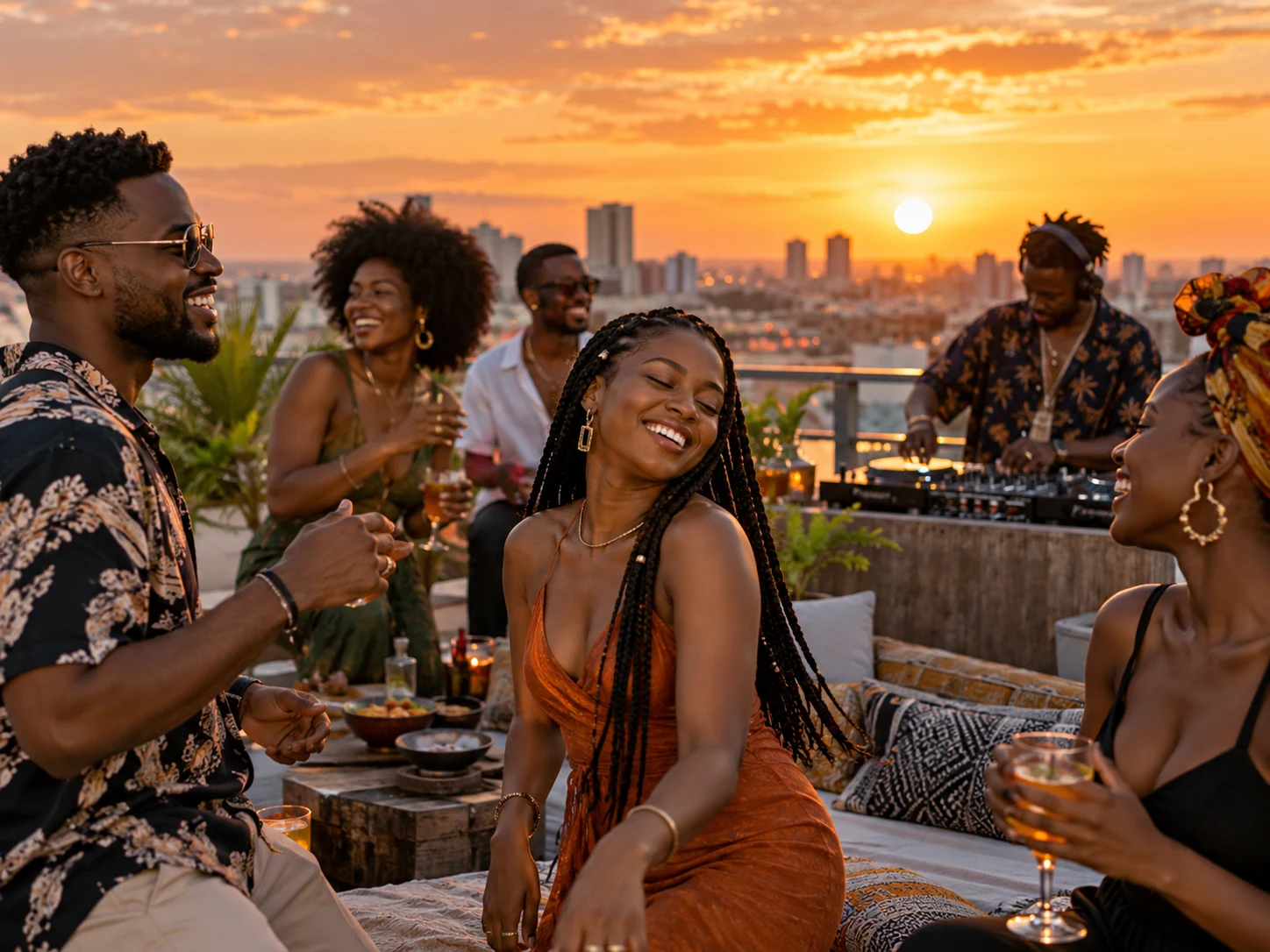 Friends coming together at an outdoor rooftop gathering at sunset