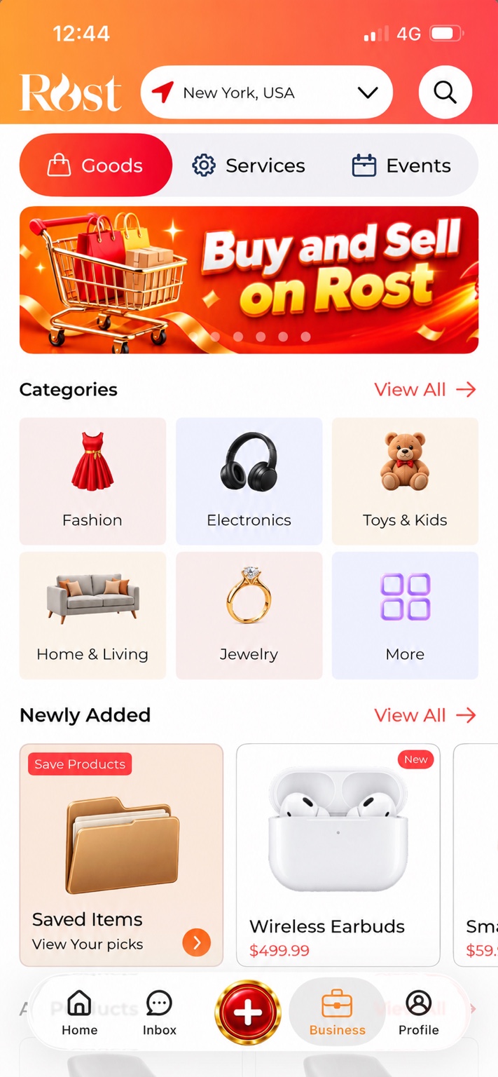 Rost shopping screen with categories and products