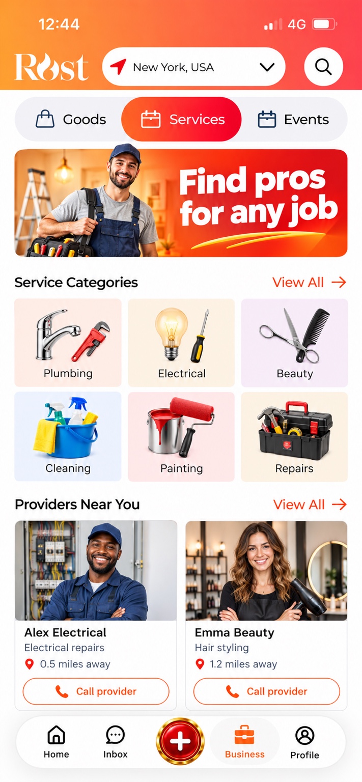 Rost services screen with provider profiles and service categories